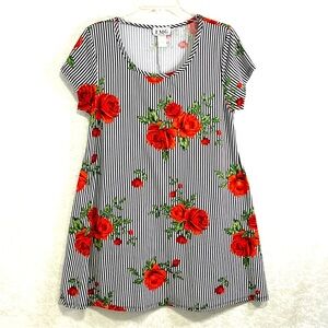 TMG Pinstriped Mini Dress Women XL A-Line Jersey Knit Drapy Summer Beachy Floral